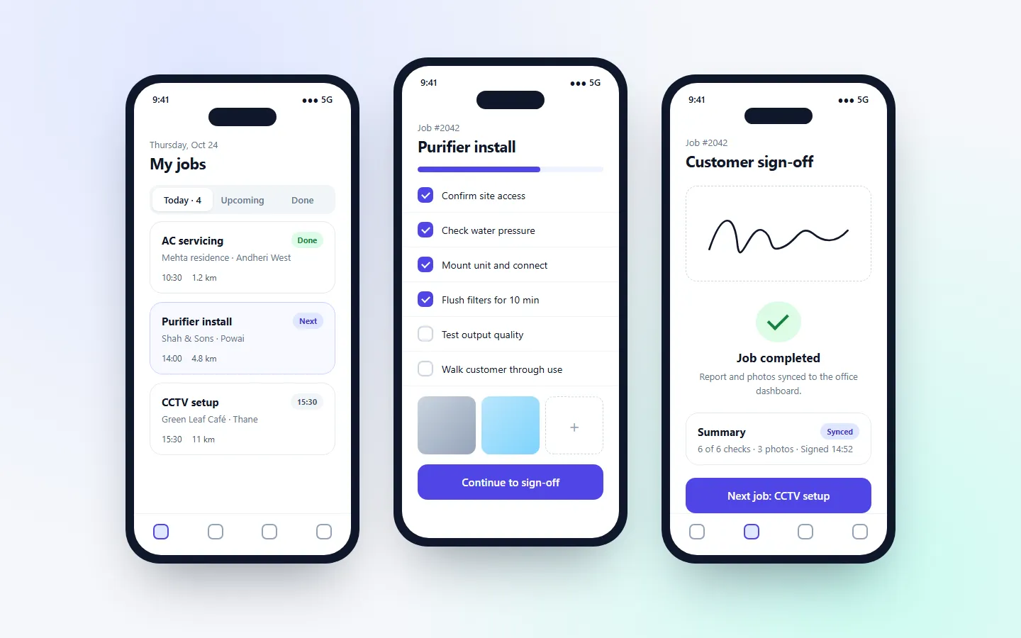 Concept design of three mobile app screens: a technician job list, a job checklist with photos, and a customer sign-off